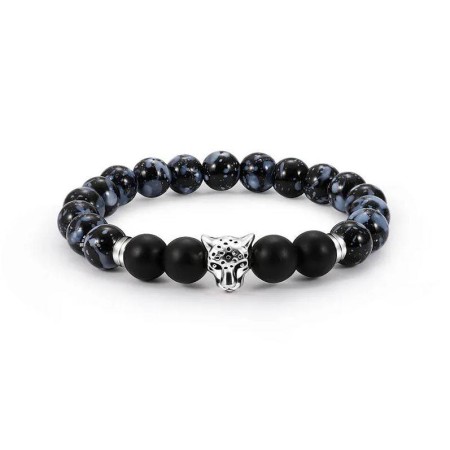 Bracelet en Obsidienne Flocon de Neige et Onyx Mat avec Tête de Léopard en Acier | Boutique de Lithothérapie