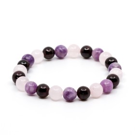 Granato, quarzo rosa e lepidolite.